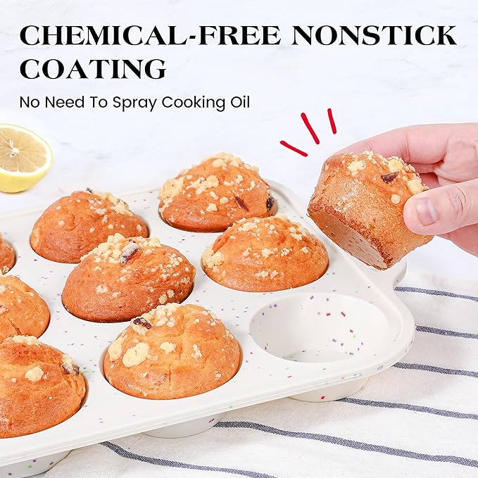 2 Pcs Silicone Muffin Pan for Baking with Metal Frame, Nonstick 12 Cup Regular Size Cupcake Pan, Silicone Muffin Tray for Egg Bites (Cream)