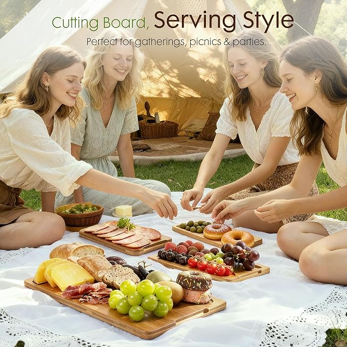 Astercook Deep-Carbonized Bamboo Cutting Boards for Kitchen with Wood Storage Stand, Reversible Charcuterie & Chopping Boards with Juice Grooves and Easy-Grip Handles, Knife-Friendly, Kitchen Gift