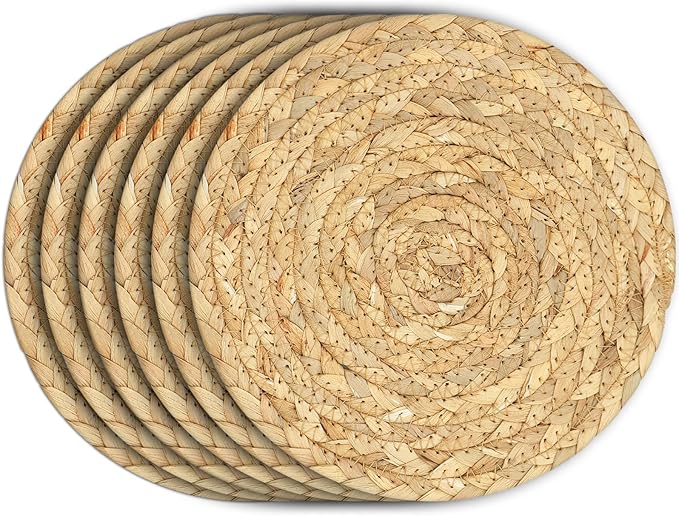 Boho Trivets for Hot Dishes, Pots and Pans, Farmhouse Water Hyacinth Hot Pads 8 Inch, Straw Pot Holders for Kitchen, Rustic Braided Heat Resistant Mat, Jute Coasters Set Wicker Decor (Natural 6 Pcs)