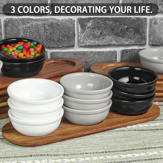 Artena 12 oz Solid Ceramic Chip and Dip Serving Set with Acacia Wooden Tray, 5-inch Grey Dipping Bowls, Small Serving Bowls for Side Dishes, Salsa, Appetizer, Serving Dishes for Entertaining
