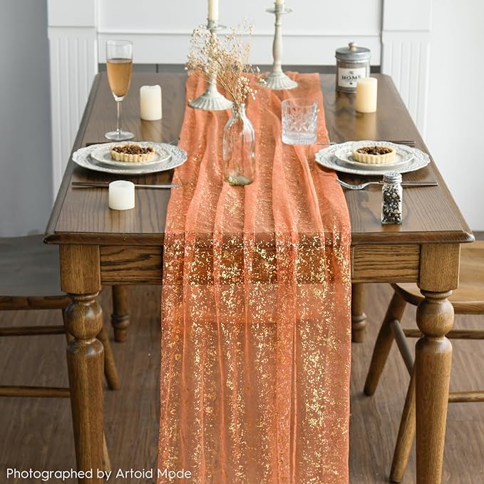 Artoid Mode Orange Gold Gauze Table Runner 120 Inch 10FT, Glitter Metallic Foil Sheer Dining Wedding Anniversary Holiday Table Decor for Home Party