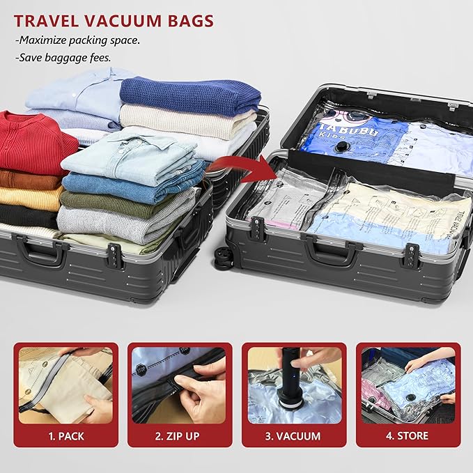 SUOCO Travel Vacuum Seal Bags for Clothing with Rechargeable Electric Pump, 12 Pack Compression Packing Bags for Luggage Suitcase Backpack, Carry-on Size Space Saver Storage