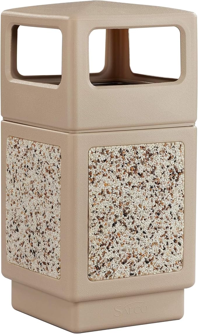 Safco Canmeleon Trash Can, 38 Gallons, Indoor and Outdoor Use, Durable & Weather-Resistant Commercial Garbage Can with Stone Panels, Tan