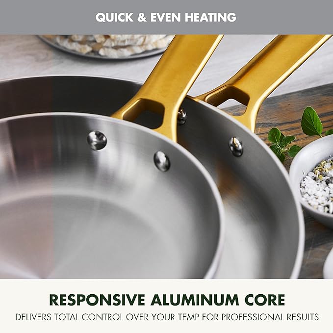 GreenPan Stainless Steel Tri-Ply Reserve 10” and 12” Frying Pan Skillet Set, Multiclad Cookware, PFAS-Free, Induction, Oven & Broiler Safe to 600°F, Heat Responsive Core, Dishwasher Safe, Gold Handles