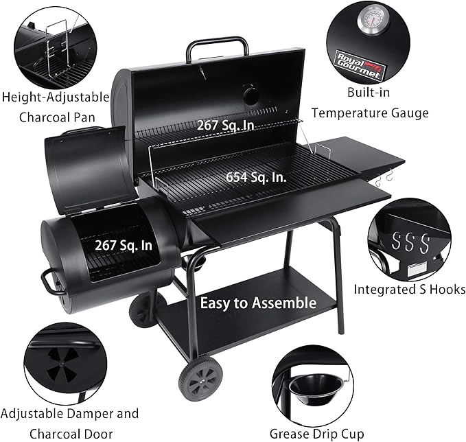 Royal Gourmet CC2036F Barrel Charcoal Grill with Offset Smoker, Outdoor BBQ Grill with 1200 Sq. In. Grilling Area for Large Event Gathering, Black