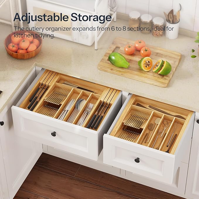 HOOBRO Silverware Organizer Kitchen Drawer Organizer, Expandable Utensil Drawer Organizer, with 2 Knife Block, Bamboo Cutlery Tray with Divider for Flatware and Kitchen Utensils, Natural YL06TL01