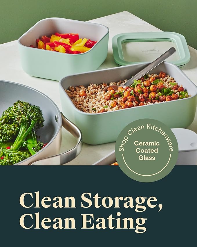 Caraway 6pc Glass Food Storage Set – 6.6 Cup Food Containers (6) - Ceramic Coated - Non Toxic, Non Stick with Lids - Microwave Safe - Gray