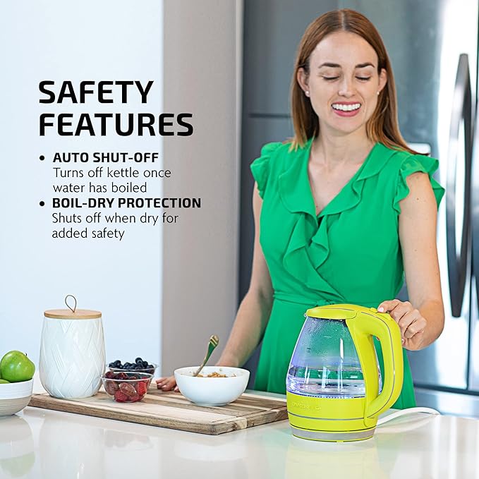 OVENTE Electric Kettle, 1.5L Borosilicate Glass Countertop Water Heater and Boiler for Coffee or Tea, BPA-Free, Auto Shut-Off,  Boil-Dry Protection, Removable and Washable Spout Filter, Green KG83G