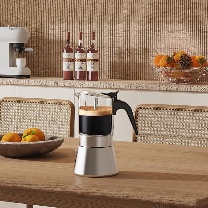 Induction Moka Pot, Crystal Glass-top & Stainless Steel Stovetop Espresso Maker,Classic Italian coffee maker (160ml)