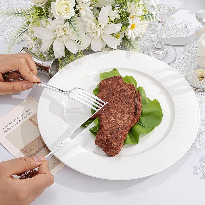 300Pieces Silver Plastic Silverware - Heavy Duty Silver Disposable Utensils - Fancy Plastic Cutlery Set Includes 100 Forks, 100 Spoons, 100 Knives for Dinner Parties Weddings