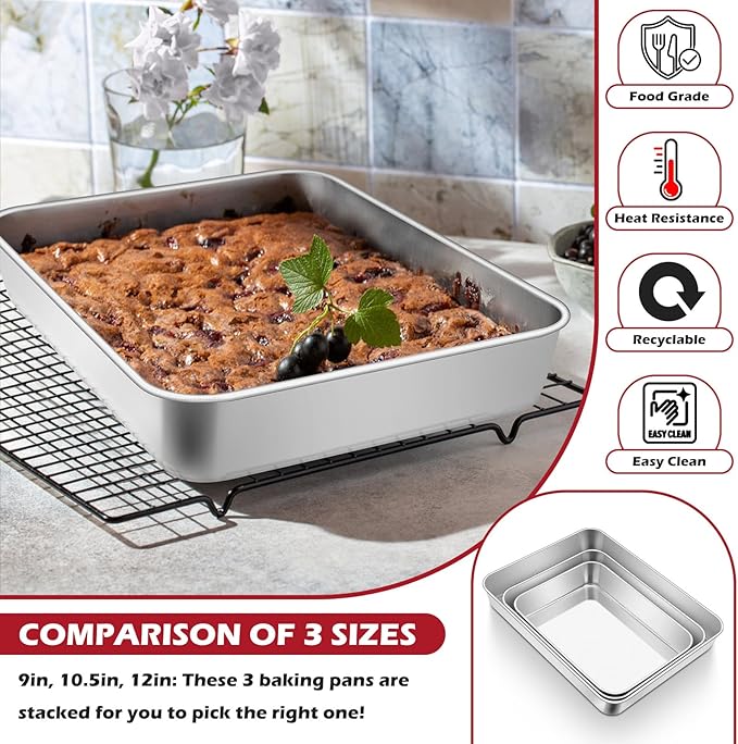 Leonyo Rectangular Cake Pan for Baking, 10.5 x 8 x 2 Inch Stainless Steel Baking Sheet Tray, Deep Lasagna Pan for Toaster Oven, Focaccia, Fish, Chicken, Casserole Dish
