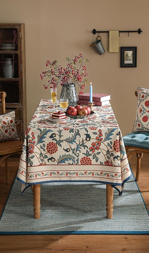 patdrea Designer Vintage Linen Tablecloth for Rectangle Table,French Soft Durable Floral Tablecloths,Colorful Table Cover for Kitchen Dining,Parties,Christmas,Thanksgiving,Party,55"x79"-Puno