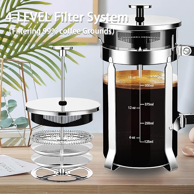French Press Coffee Maker 304 Stainless Steel Coffee Press,with 4 Filters System, Heat Resistant Thickness Borosilicate French Press Glass, BPA-Free Brewed Tea Pot Coffee Plunger(Copper 12oz)
