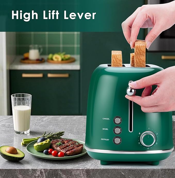 Roter Mond 4 Slice Toaster Retro Stainless Steel Toaster with Bagel, Cancel, Defrost Function and 6 Bread Shade Settings Bread Machine, Long Extra Wide Slots and Removable Crumb Tray, Green