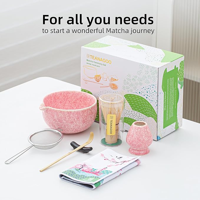 TEANAGOO Matcha Whisk Set,7 Pcs Matcha Set Pink,Ceremony Matcha Kit,Matcha Tea Set for Making Latte,Ceramic Bowl(chawan) whith Spout and Whisk,Gift for Matcha Lovers