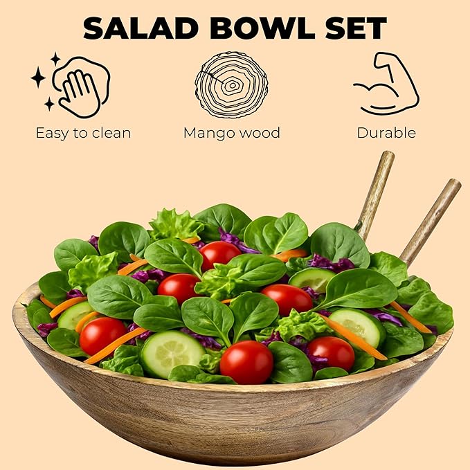 Large Wooden Salad Bowl Set - 1/2" Thick Mango Wood Serving Bowl with Utensils, Rustic Wooden Mixing Bowls, Decorative Kitchen Dinnerware for Popcorn, Pasta, & Chips, Dishes - 12 Inch