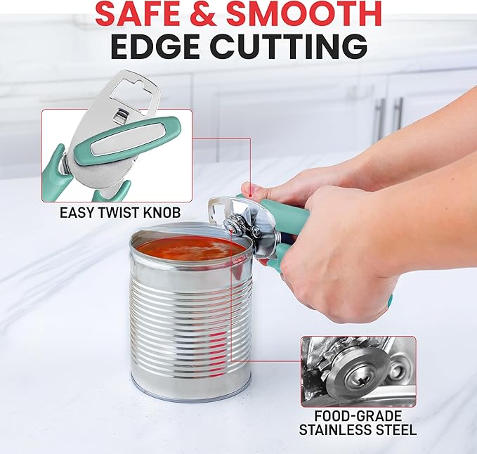 Zulay Kitchen Heavy Duty Stainless Steel Manual Can Opener – Ergonomic Soft Grip Handles, Smooth Edge Cutting Wheel & Large Built In Bottle Opener – Easy Turn Knob for Effortless Use - Mint