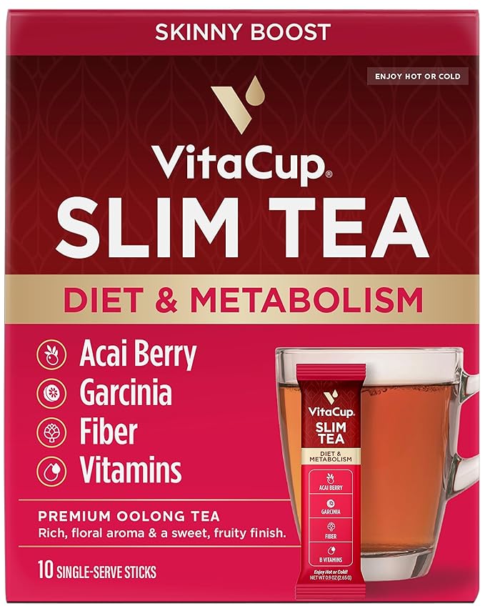 VitaCup Slim Instant Tea Packets For Diet Support, Oolong tea w/B Vitamins, Garcinia, Inulin & Acai, On-the-go Instant Sticks, 10 Ct