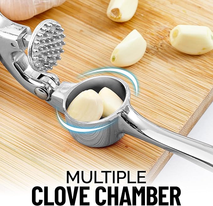 Zulay Kitchen Premium Garlic Press Set - Rust Proof & Dishwasher Safe Professional Garlic Mincer Tool - Easy-Squeeze, Easy-Clean with Soft, Ergonomic Handle - Silicone Garlic Peeler & Brush (Chrome)