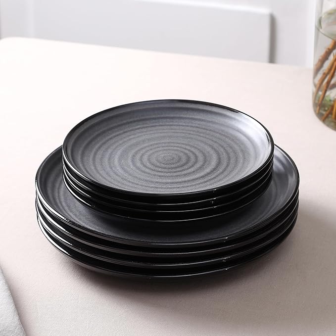 Stone Lain Dua 24-Piece Dinnerware - Stoneware, Plate and Bowls, Dishwasher and Microwave Safe, Dish Set for 8, Black