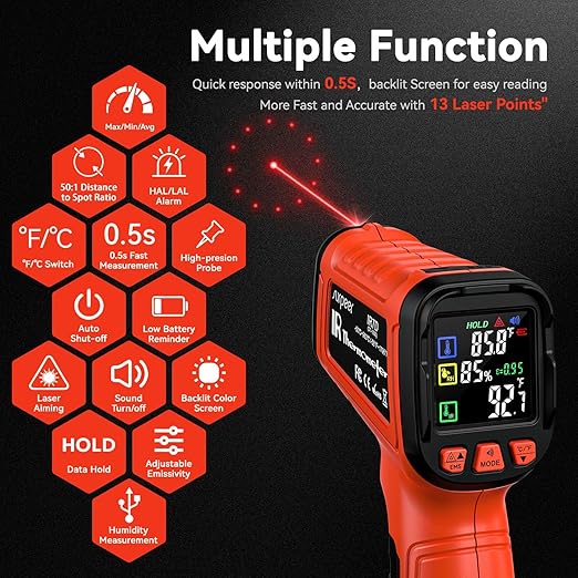 '-58°F to 2732°F Infrared Thermometer IR Laser Gun 50:1, Digital Temperature Gun/K-Type Probe -4°F~932°F, Humidity Sensor, High-Temp Pyrometer for Kiln, Forge, Furnace, Industrial Use