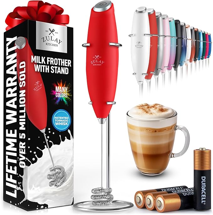 Zulay Kitchen Tornado Whisk Milk Frother with 4 AA Duracell Batteries - Triple Whisk for More Power - Handheld Coffee Frother with Stand - Drink Mixer for Lattes, Matcha & Protein Shakes