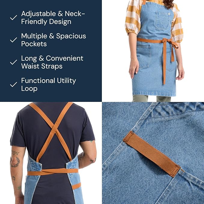 hedley & bennett Crossback Apron - Crossback Chef Apron with Pockets - 100% Cotton Denim, 8oz - Cedar Blue