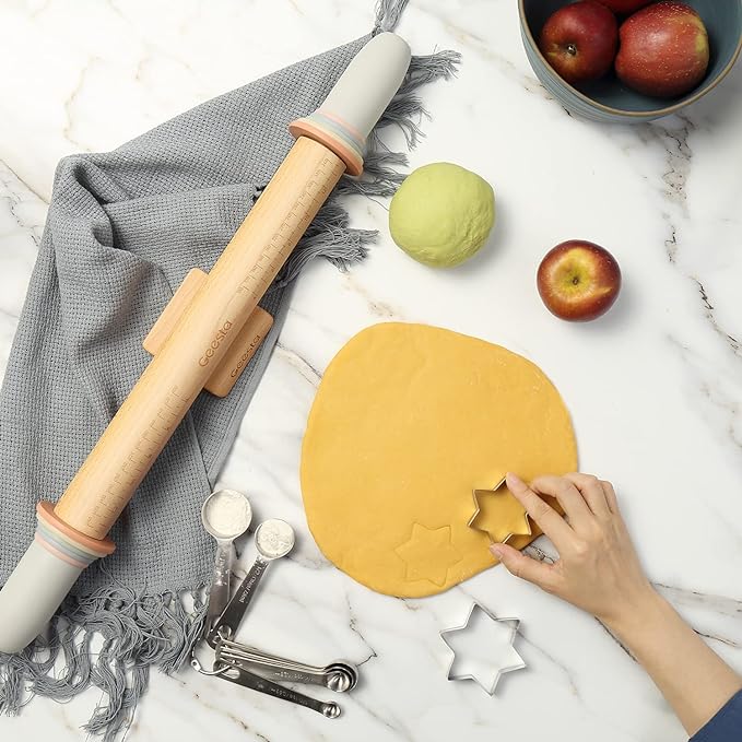 Geesta Adjustable Wood Rolling Pin with 5 Thickness Rings, Precise Dough Roller Handle Press Design with Measurement Guide for Fondant, Pizza, Pie Crust, Cookie, Pastry Baking Decorating Accessories