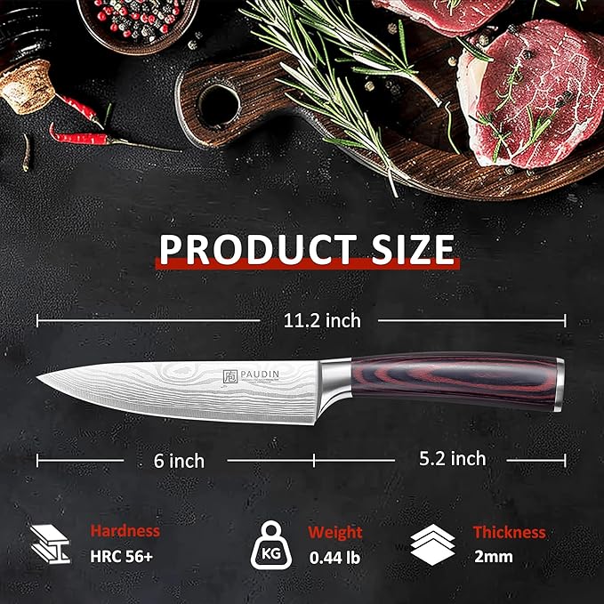 PAUDIN Chef Knife, 6 Inch Sharp Kitchen Knife, High Carbon Stainless Steel Utility Knives with Ergonomic Handle, Small Knifes for Home and Restaurant