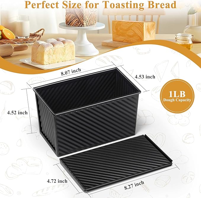 LIANYU 2 Pack Pullman Bread Loaf Pan with Lid, 1 Pound Dough Nonstick Loaf Baking Pans, Metal Bakeware for Sourdough Sandwich Homemade Bread, Carbon Steel Corrugated Toast Tin, Black