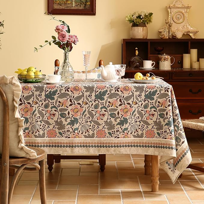 ISAENNE Designer Boho Floral Small Rectangular Tablecloth,Linen Lotus Flower Pattern Colorful Table Cloth,Durable Decor Tablecloths for Dining Thanksgiving Kitchen Christmas,55"*71"-Hazel A