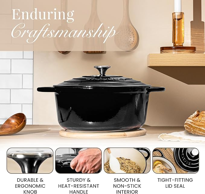 Nuovva Enamelled Cast Iron Dutch Oven Pot with Lid – 6.4 Quart Non Stick Casserole Pot – Heavy Duty & Oven Safe up to 500° F for Bread Baking, Braising, Stews, Roasting – 28cm Black