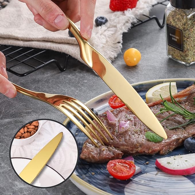 Lemeya 24-Piece Gold Silverware Set for 6,Heavy Duty 18/10 Stainless Steel Cutlery Set with Forged Stand Knife,Modern Flatware Utensils Set,Forks Spoons and Knives Set,Mirror Polished,Dishwasher Safe
