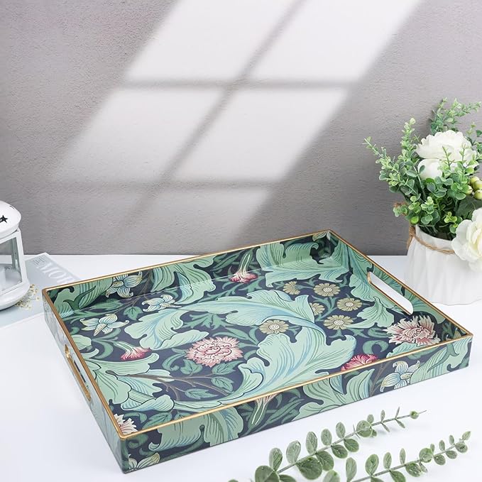 Spsyrine Serving Tray with Handles, Plastic Decorative Tray for Coffee Table, Living Room, Home Decor, Leicester