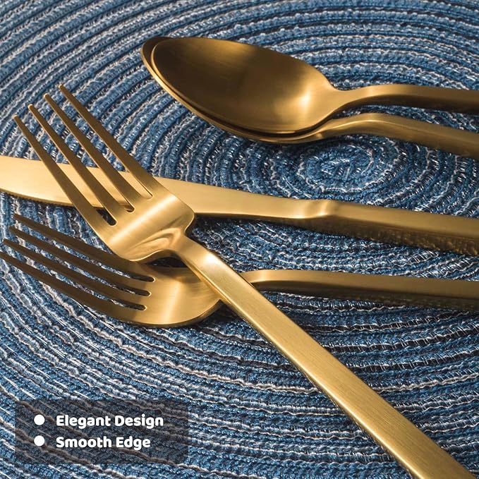 Alata Cube Gold 20-Piece Flatware Set, Forged Cutlery Set, Matte Gold Silverware Service for 4, Stainless Steel Tableware with Square Handle for Home/Restaurant, Dishwasher Safe