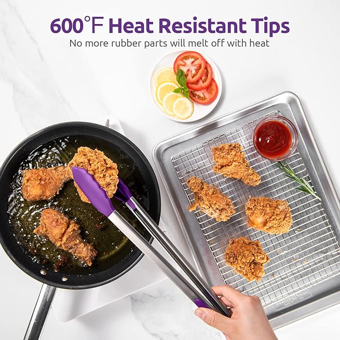 600ºF Heat Resistant Kitchen Tongs: U-Taste 16 inch Extra Long Large Silicone Cooking Tong with Sturdy Non Stick Rubber Tips & Non Slip Silicon Coated 18/8 Stainless Steel Handle for Grill BBQ(Purple)