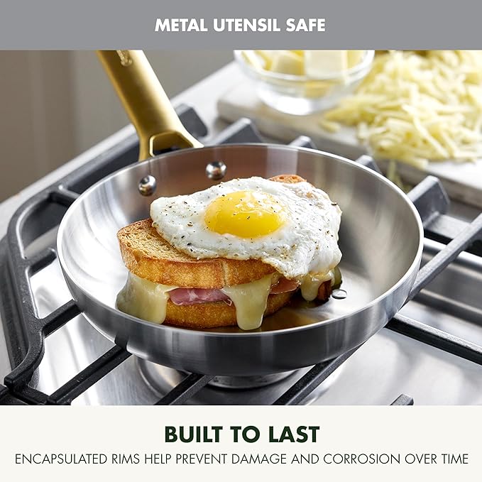 GreenPan Stainless Steel Tri-Ply Reserve 10” and 12” Frying Pan Skillet Set, Multiclad Cookware, PFAS-Free, Induction, Oven & Broiler Safe to 600°F, Heat Responsive Core, Dishwasher Safe, Gold Handles