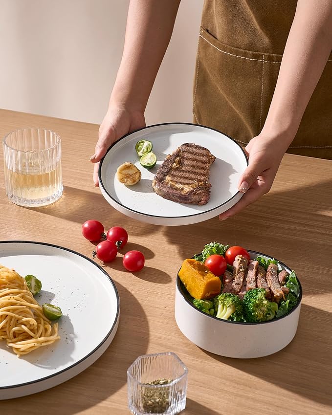 Famiware Nebula Plates and Bowls Sets for 4, 12 Pieces Stoneware Dinnerware Set, Microwave and Dishwasher Safe Dishes Set, White with Black Rim