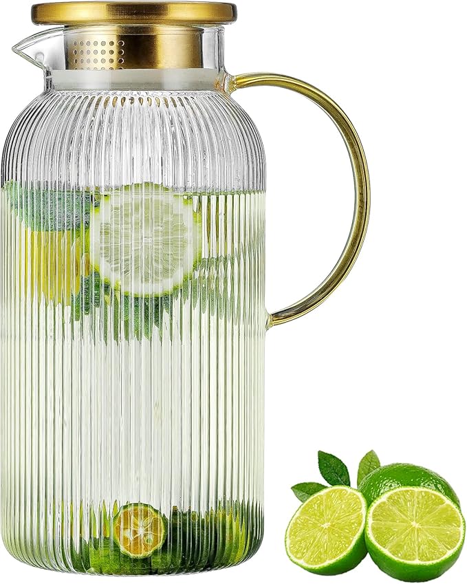 Glass Pitcher with Lid, 84oz/2.5 Liter Classic Vertical Stripes Water Pitcher,Glass Water Carafe for Cold Brew, Coffee, Lemonade, Iced Sun Tea,Beverage, Milk, Heat Resistant