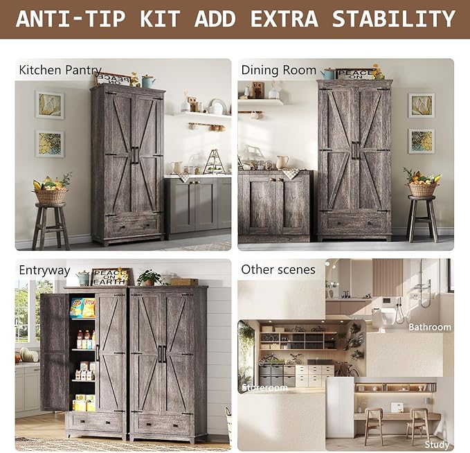 Farmhouse Kitchen Pantry Cabinet, 72" Tall Storage Cabinet with Adjustable Shelves & Barn Doors, Freestanding Kitchen Cupboard for Dining Room, Living Room, Gray