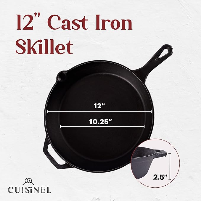 Cuisinel Cast Iron Skillet - 12"-Inch Frying Pan with Assist Handle + Red Silicone Grip Cover - Pre-Seasoned Oven Safe Cookware - Indoor/Outdoor Use - Grill, Stovetop, Induction, BBQ and Firepit Safe