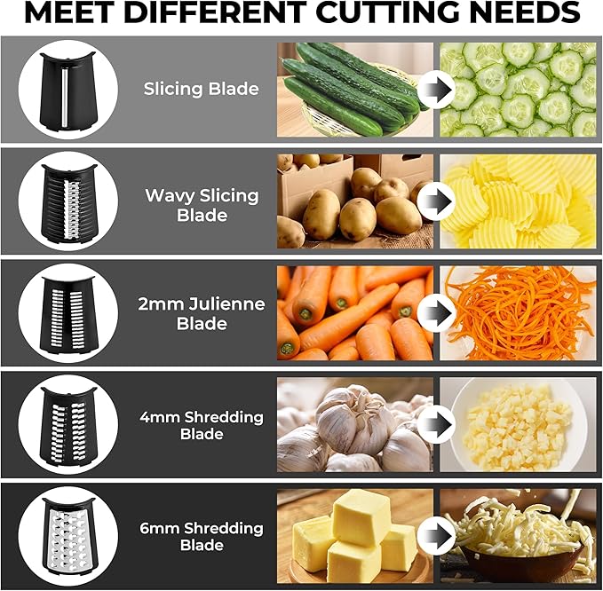 SUSTEAS Rotary Cheese Grater with Handle,Vegetable Slicer with 6 Interchangeable Blades, Reinforced Suction,Easy to Clean,Kitchen Shredder for Crushed Ice,Fruits and Nuts with Blade Storage Case,Black
