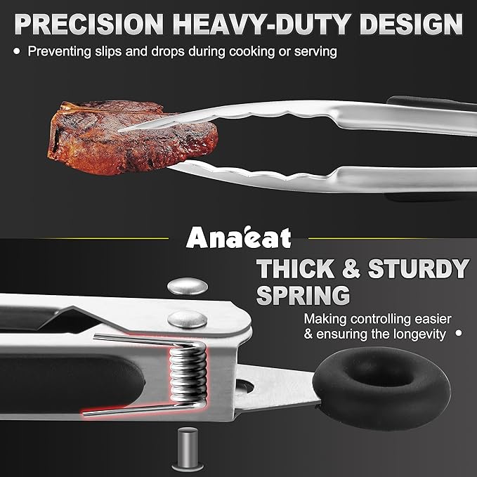 Anaeat 3 Pack 7" Mini Stainless Steel Locking Tongs - Sturdy Coiled Spring Kitchen Food Tong with Non-Slip Silicone Tips and Grip for Serving, Cooking, Baking and BBQ - Heat Resistant Metal Tongs