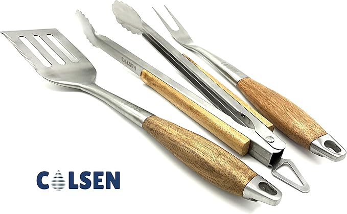 COLSEN Heavy Duty 3-Piece BBQ Grilling Tool Set, Stainless Steel Tongs, Spatula, & Fork, Kitchen Utensils Set, Camping Accessories, Brown