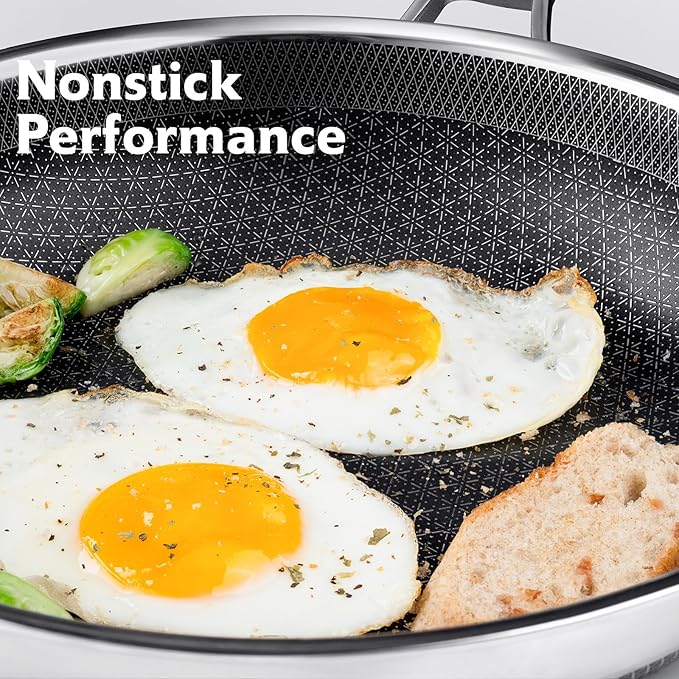 Frying Pan, 12 Inch Hybrid Non Stick Stainless Steel Skillets, Dishwasher Induction Oven Broiler Safe, Non Toxic Chef's Pan, PFOA Free Cookware