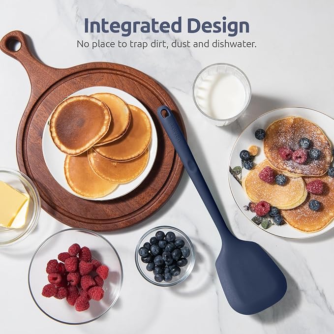600ºF Heat Resistant Silicone Turners: U-Taste 13.6in Long Solid & Slotted Kitchen Spatula Flipper, Food Grade Wide & Large Flexible Cooking Utensils for Flipping Eggs, Pancakes (Midnight Blue, 2PCS)