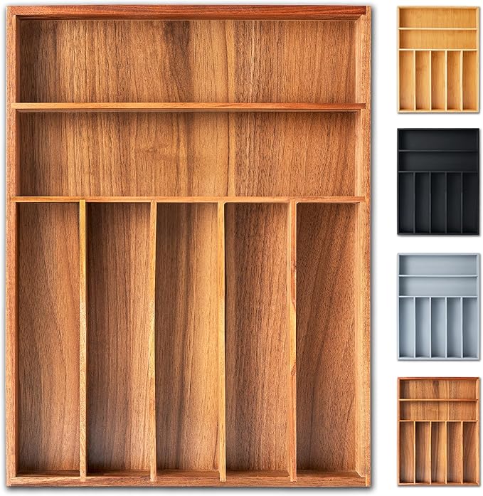 Silverware Organizer, 12.5 Inch Utensil Organizer Kitchen Drawer Organizer Acacia Silverware Holder Cutlery Tray Organizer in Drawer Flatware Organizer Tray(7 slots, Acacia）