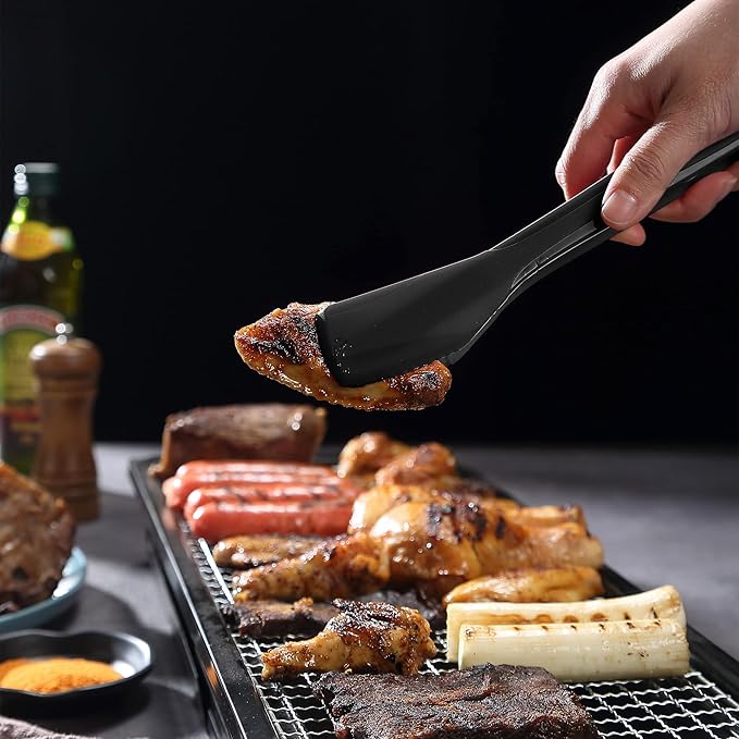 Mu&Ti Silicone Kitchen Tongs 2-in-1 11 In Premium Stainless Steel Barbecue Clamp Multipurpose BBQ Clamp Spatula for Gripper Bread Clip/Fried Steak Clamp/Flipping Fish/Beefsteak Flipper Two Set(Black)