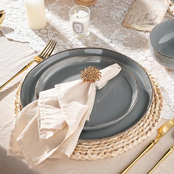 AmorArc Ceramic Dinnerware Sets for 4, 12 Pieces Handpainted Plates and Bowls Set with Rustic Terracotta Underside, Scratch Resistant Stoneware Dishes Set, Dishwasher & Microwave Safe