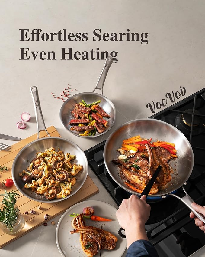 Tri-Ply Stainless Steel Frying Pans Set with Lid,PFOA&PTFE Free Skillets,Chef's Pan Set(8+10+12inch) Frying Pans for cooking,Induction Cookware Sets,Dishwasher and Oven Safe Kitchen set